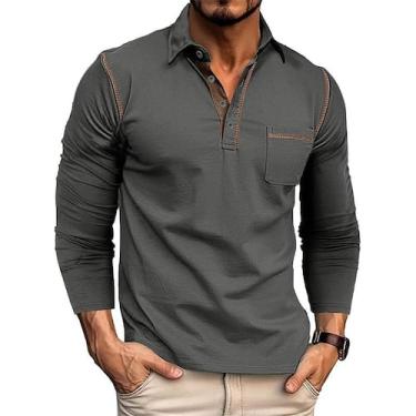 Imagem de Camisa polo masculina Qekoma Classic de manga comprida de algodão cinz