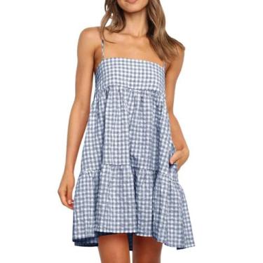 Imagem de Vestido feminino, xadrez de verão, mini casual, com alça espaguete - W