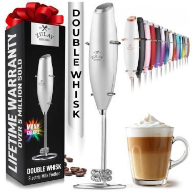 Imagem de Espumador Elétrico de Leite em Aço Inoxidável a Bateria com Suporte, ZULAY KITCHEN Twin Whisk 12,500 RPM, Prateado