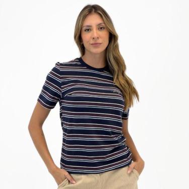 Imagem de Camiseta Hering T-Shirt Listrada Manga Curta Feminina, G, Marinho, Off