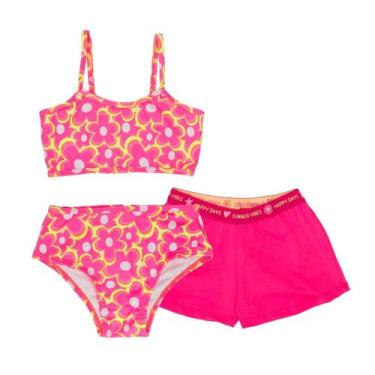 Imagem de Kit Infantil Biquíni Menina Neon + Shorts Proteção Solar Uv Praia Pisc