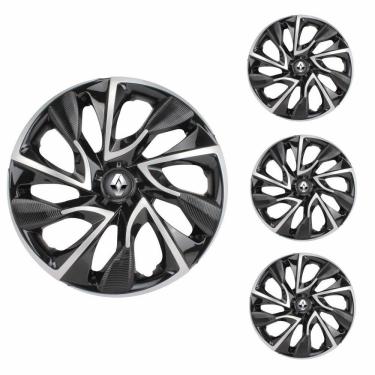Imagem de Jogo Calota Aro 13 DS4 Black Silver Elitte Preto Prata + Emblema Resinado Renault (Sandero Logan Clio Scenic Megane)