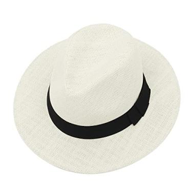 Imagem de GEMVIE Chapéu Panamá de palha de verão Chapéu de sol Fedora de aba larga Chapéu de palha Panamá para homens e mulheres, Off-white, 7-7 1/4