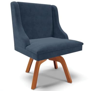 Imagem de Poltrona Decorativa Base Giratória de Madeira Firenze Suede Azul Marinho/Natural G19 - Gran Belo