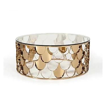 Imagem de Mesa lateral luz nórdica luxo escamas de peixe redondo vidro mármore mesa de centro moderna minimalista sala de estar mesa de chá de aço inoxidável mesa de café para sala de estar (cor: latão, tamanho: 100 x 42 cm)