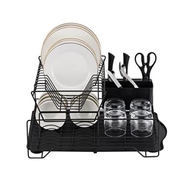 Imagem de Escorredor de pratos escorredor de pratos rack de drenagem escorredor de pratos com bandeja coletora 2 camadas com suporte de talheres cesta de mesa dobrável de alta capacidade aço carbono