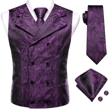 Imagem de BoShiNuo Conjunto de 4 peças slim colete gravata lenço abotoaduras seda masculino colete pescoço conjunto para terno vestido casamento Paisley Floral Coletes, 3111, X-Small