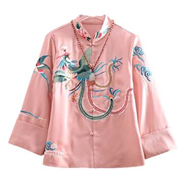 Imagem de Casaco feminino primavera e verão bordado estilo chinês Phoenix jaqueta feminina solta, Rosa, G
