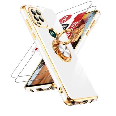 Imagem de LeYi Capa de telefone para Moto G Stylus 5G: com protetor de tela de vidro temperado [2 unidades] Suporte magnético giratório de 360°, capa branca com borda de ouro rosa para Motorola G Stylus 5G