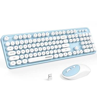 Imagem de KNOWSQT Combo de teclado e mouse sem fio – teclado de máquina de escrever azul e branco, tamanho completo, 2,4 GHz, 104 teclas, teclado redondo flexível e mouse óptico para Windows, computador,