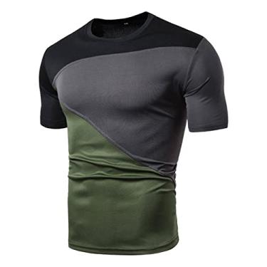 Imagem de Camiseta masculina gola redonda combinando cores de secagem rápida manga curta slim fit camiseta atlética, Preto, G