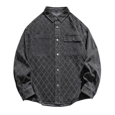 Imagem de Camisa jeans masculina, manga comprida, estampa xadrez, cor sólida, gola aberta, bolsos frontais, Preto, M