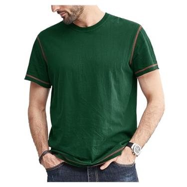 Imagem de Camisetas masculinas de manga curta pulôver com cores contrastantes camisetas de lazer gola redonda para esportes ao ar livre, Verde escuro, M