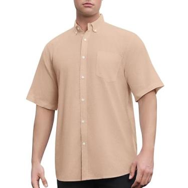 Imagem de Sedyrak Camisa de manga curta masculina de linho de algodão com ajuste regular casual com botão e bolso frontal, Cáqui 371, M