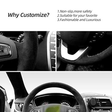 Imagem de Alfanxi Costura à mão Itália Alcantara Capa de volante para Lincoln MKC/MKX/MKZ/MKZ Hybrid (Alcântara preto + sem listras)