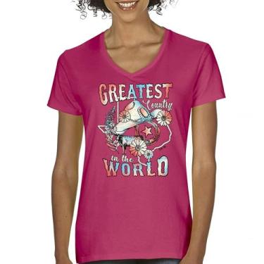 Imagem de Camiseta feminina com decote em V Greatest Country in The World Cowgirl Cowboy Girlfriend Southwest Rodeo Country Western Rancher, Rosa choque, G