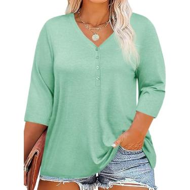 Imagem de Tankaneo Camisetas femininas plus size, gola V, manga 3/4, casual, solta, básica, túnica, Verde claro, 4G