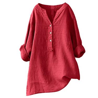 Imagem de Camisas de linho grandes para mulheres, gola V, abotoadas, gola de lapela, confortáveis, camisas soltas de manga comprida, Vermelho, P