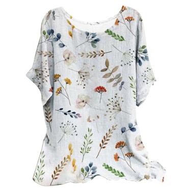 Imagem de Camisetas femininas de linho para verão, floral, estampadas, casuais, de manga curta, túnica estilo túnica solta básica para sair, B - laranja, M