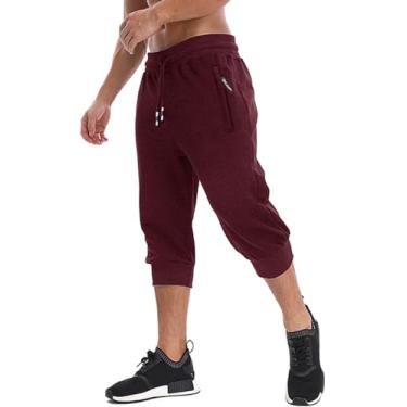 Imagem de MAGNIVIT Calça capri masculina 3/4 jogger para treino academia abaixo do joelho shorts com zíper bolsos calça capri para homens, Borgonha, 44