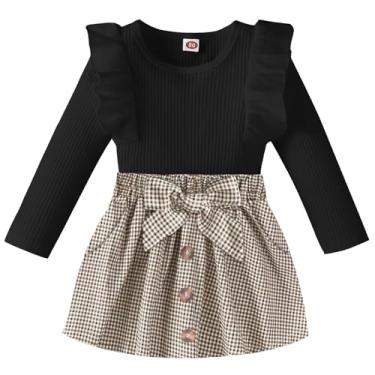 Imagem de AMAWMW Minissaia de veludo cotelê de manga comprida para bebês meninas outono inverno vestido evasê, Um xadrez preto + cáqui, 18-24 Meses