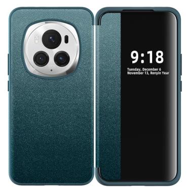 Imagem de LTLMYDAM Capa de couro para Honor Magic 6 Pro/6, capa fina flip view transparente para PC janela negócios capa protetora magnética para celular, verde, 6Pro