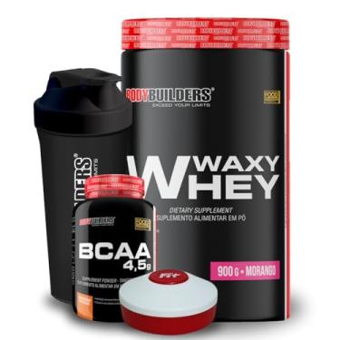 Imagem de Kit Waxy Whey 900g Morango + BCAA 4,5 100g + Coqueteleira + Porta cápsulas – Bodybuilders