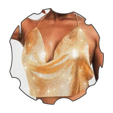 Imagem de Uranian Regata sexy com corrente de peito em V profundo com lantejoulas douradas, corrente para boate, biquíni de cristal brilhante, joia corporal ajustável para mulheres e meninas