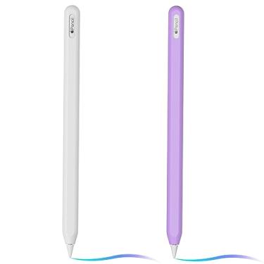 Imagem de Capa de silicone ultrafina compatível com Apple Pencil 2ª geração, capa protetora de silicone para iPad Pro 11 12,9 polegadas 2018, capa de silicone macio à prova de choque (branco + roxo lavanda)