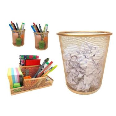 Imagem de Kit Organizador, Porta Caneta e Lixeira Dourado Ouro Escritório, Kit o
