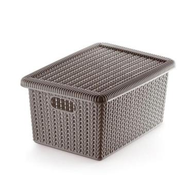 Imagem de Cesto Trançado Plástico com Tampa Organizador Marrom - P - Ordene