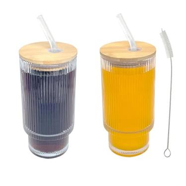 Imagem de ASMEFY Copos de bebida canelados com tampas de bambu e canudo de vidro - copos de vidro vintage de 473 ml (2 copos + 2 tampas + 2 canudos)