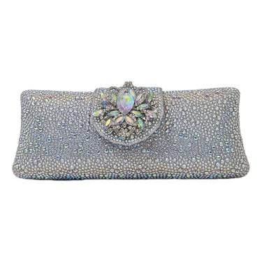 Imagem de Bolsa feminina longa com strass, para noite, formal, festa de reunião, floral, bolsa clutch, Prata, 9.85 x 3.93 x 2.36 inches