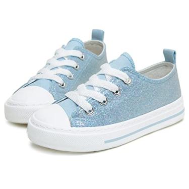 Imagem de Toandon Meninas Crianças Tênis Glitter Lantejoulas Sapatos de Lona Criança Criança Brilho Brilho Baixo Superior Rendas Até Antiderrapante Leve Caminhada Ao Ar Livre Azul Tamanho 13