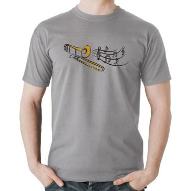 Imagem de Camiseta Algodão Trombone Notas Musicais - Foca na Moda, Cinza, GG