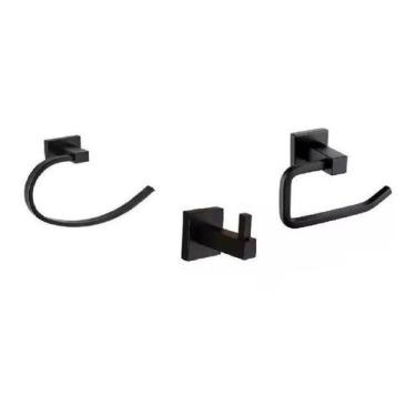 Imagem de Kit 3 Peças Acessórios Banheiro Quadrado Preto Fosco Black - Sollux