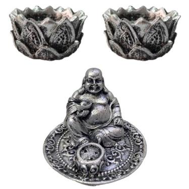 Imagem de Incensário Mini Buda + 2 Porta Incenso Flor De Lótus Resina - LZ Decor