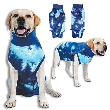 Imagem de TORJOY Terno respirável para recuperação de cães masculinos/fêmeas, macacão azul tie dye para ferimentos abdominais, cone e coleira alternativa após cirurgia a anti-lamber, terno de cirurgia profissional para cães