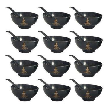 Imagem de Kit 12 Jogo Tigela Bowl Sopa Colher Gourmet Oriental Lengue Preto - Ni