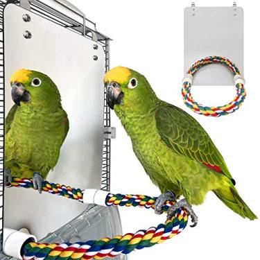 Imagem de BWOGUE Espelho grande de pássaro de aço inoxidável com corda de poleiro, espelho para gaiola, brinquedos de pássaros, gaiola de papagaio, brinquedos para periquito, cacatua, conure, pimenteiro, canários