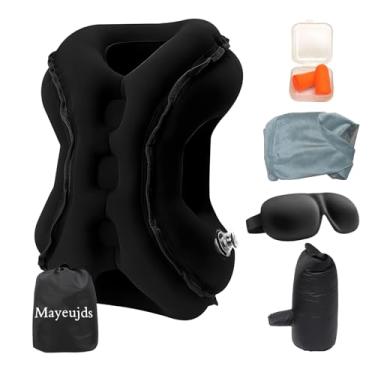Imagem de Mayeujds Travesseiro inflável de viagem | Travesseiro de pescoço de avião e suporte de pescoço inflável portátil - multifuncional para voos, carros, uso no escritório, com máscara para os olhos e
