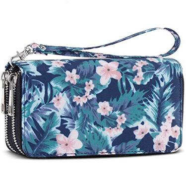 Imagem de Carteira feminina de embreagem longa com zíper duplo com alça de mão para cartão, dinheiro, moeda, Tela verde com flor vermelha, Large, Carteira de viagem