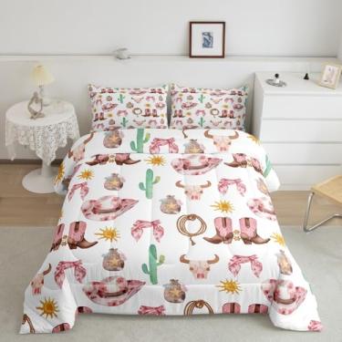 Imagem de Feelyou Conjunto de edredom com estampa de caubói ocidental, solteiro, para meninos e meninas, adolescentes, estilo cowboy, rodeio, branco, cru
