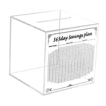 Imagem de Wswqop Banco de Piggy Acrílico, Banco de Salvamento de Jar Salvamento de Dinheiro com Plano de Poupança de 365 dias, Transparente para crianças e adultos, 15x15x15cm