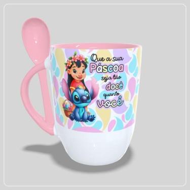 Imagem de Caneca Pascoa lillo e Stitch om Colher Interior e Alça colorida - Jlss