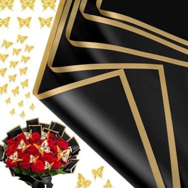 Imagem de 20 papéis de embrulho florais com 12 decorações de borboleta, 100 broches de flores e 1 fita para buquês, papel de embrulho floral impermeável para flores, embrulho de presente (preto)
