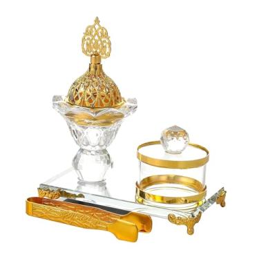 Imagem de Fenteer Queimador de incenso em árabe conjunto com pinças, bandeja, frasco de armazenamento versátil decoração de casa islâmica para a sala de estar
