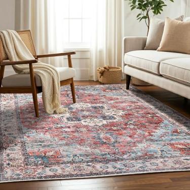 Imagem de Delara Tapete lavável à máquina, macio e durável, antiderrapante, resistente a manchas para quarto, sala de estar, sala de jantar, áreas de alto tráfego. (Vermelho/azul celeste, 1,5 x 18 cm)