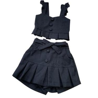 Imagem de conjunto infantil menina em linho short saia e cropped - COMART, Preto