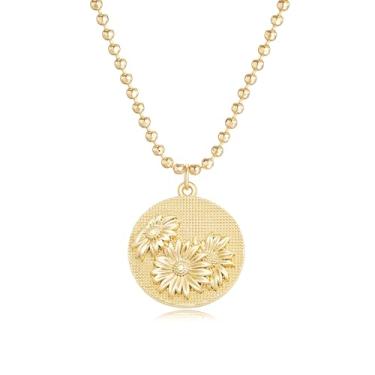 Imagem de MYEARS Colares femininos de moedas de ouro para o mês de nascimento, buquê de flor, pingente de medalha redonda gravado, floral, banhado a ouro 14 K, combinando, joias personalizadas, aniversário